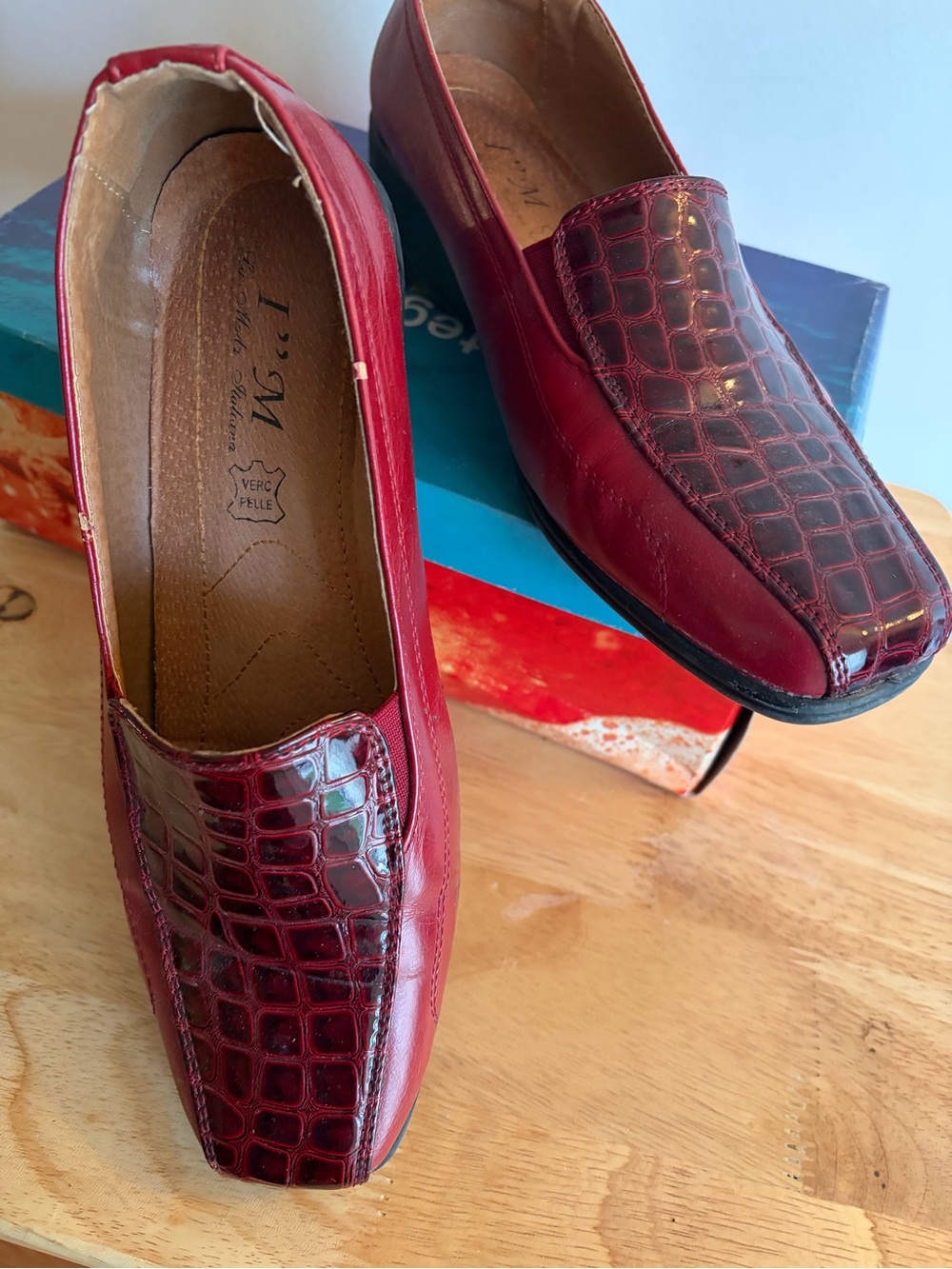 Burgundy Croc-Embossed Leather Loafers - Size 9.5
